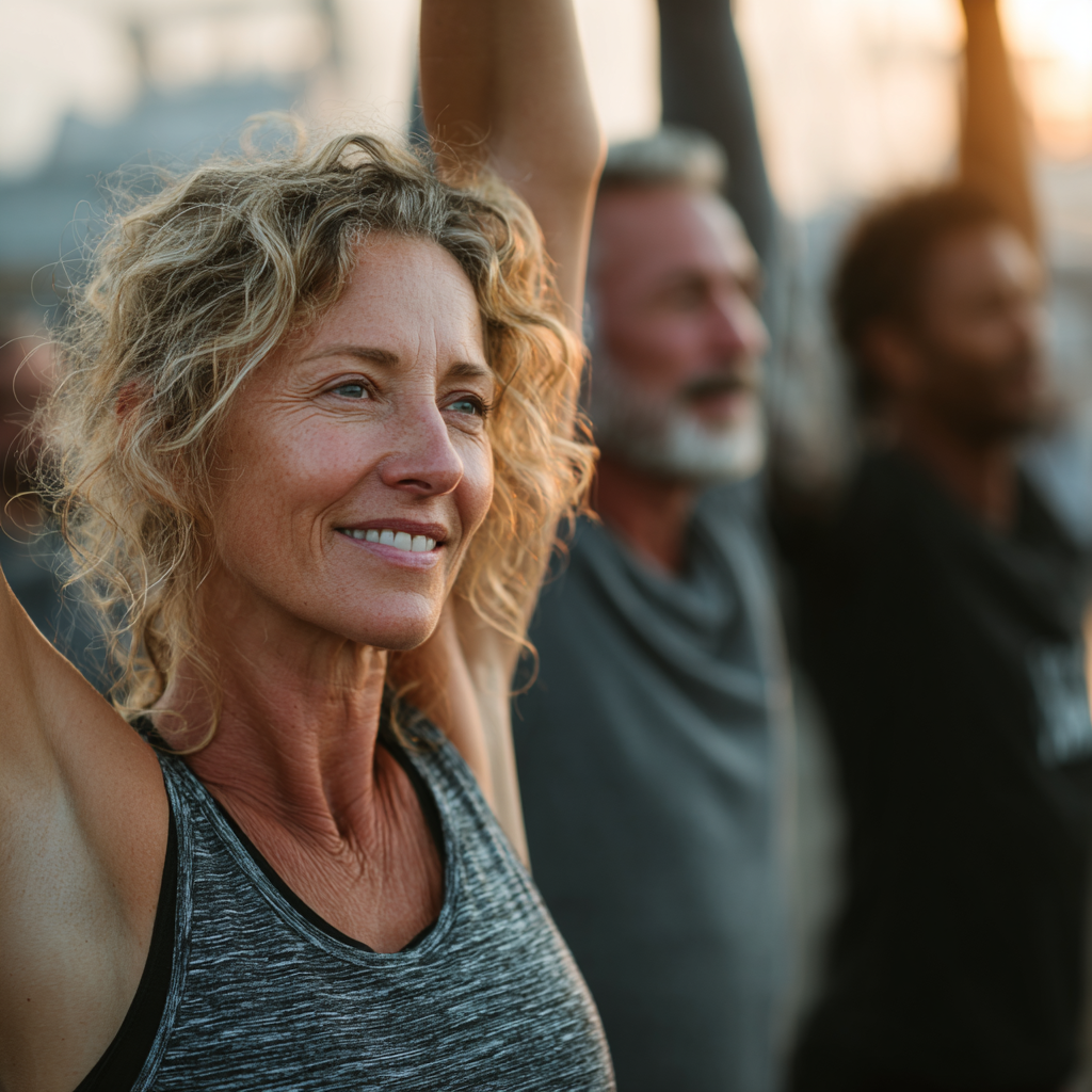 Group of mature adults aged 40-55 exercising together in outdoor setting, showing community and healthy lifestyle approach