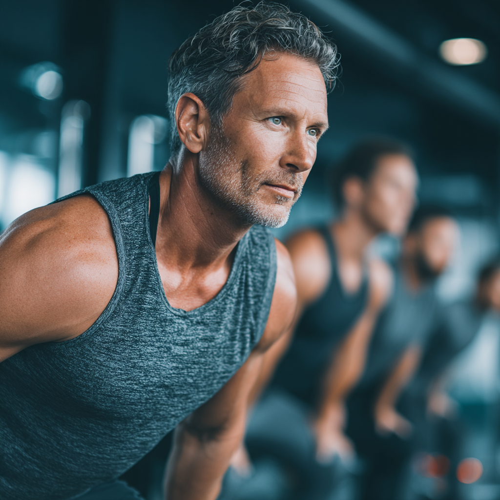Middle-aged fitness instructor demonstrating exercise technique in modern gym environment, wearing professional athletic attire
